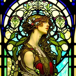 A big Art Nouveau stained-glass window in an Art Nouveau villa by artist "Alphonse Mucha"