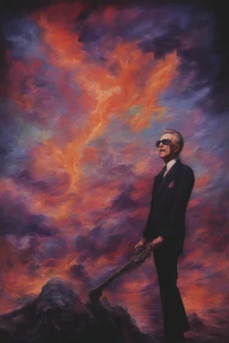 medium long shot, wide angle, full body portrait, head to toe, Vincent Price - Kiss Me Deadly - Reptilian-skinned - Ray-Ban sunglasses - Motley Crue - gothic pale-skinned vampire, Painting with fire and multicolored electrified cosmic clouds, by Hoy Tong Lu - Multicolored lightning -a smiling, 18-year-old Count Dracula, long, black hair, blue eyes, goth makeup, black leather biker's jacket, black leather pants, combat boots, black fingerless gloves, sitting on in the forest next to a fire,