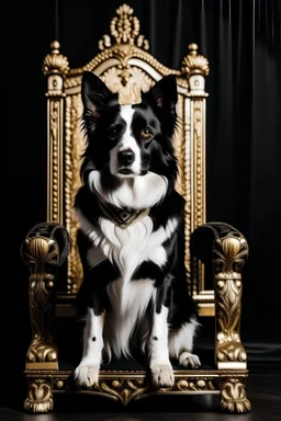 schwarz weisser hund der auf einem Gold-tron sitzt