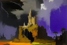 A violet castle in a thunderstorm near an acid pool painted by Clyfford Still