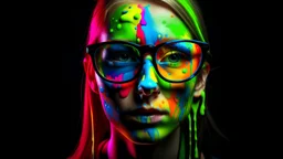 homan wearing glasses with paint, face colorfull, 3d fluorescent graffiti draw