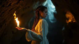 a sad woman with brown braided hair in profile in a scary cave, holding a flame in her palm in a white vintage long-sleeved nightgown, the inside of the cave is illuminated by the flame with yellow light,, close shot, detailed, high realistic, perfect photo, dramatic, dark fantasy