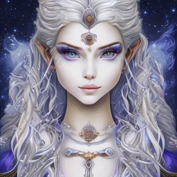 cosmic mage, elf, female, cosmic magic, long ears, white hair, face details, pale skin, jewellery, broad shoulders, sharp ears, cosmic clothes, cosmic eyes, ears shown, the cosmos in eyes, shining eyes, thin face, detailed ears, magical eyes, closed mouth, make up, smiling face, happy face, pointy ears, glow in eyes