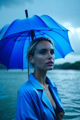 In the music video, a 23-year-old woman with blonde hair and bright blue eyes stands in the sea, se has a bun.. She holds an umbrella, but it offers no protection from the pouring rain. The rain pours through the umbrella, it is leaking and makes staines. The rain under the umbrella is heavy paint petrol blue, the rain transforms through the umbrella. She is painted blue because of the blue rain drops. The rain is pouring heavily. She is standing in the middle of the sea.