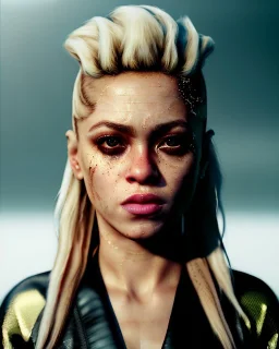 portrait, Shakira, blonde artist, angry, Realistic image, MMA robe, hoodie, mma gloves, loose long hair, fight pose, eyes, make-up, gold line make-up, moisture, sweat, fog, goddess, Neon colors, leds. Black background, photo studio, concept art, smooth, unreal engine 5, god lights, ray tracing, RTX, lumen lighting, ultra detail, volumetric lighting, 3d, finely drawn, high definition, 4k.