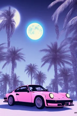 1980's aesthetic vaporwave palm trees with lighting with moon with porsche in the winter snow