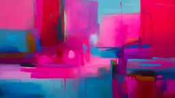 Gran lienzo con amplios campos de color magenta translúcido y azul pálido que se funden suavemente sin transiciones abruptas, superficie completamente uniforme y sin pinceladas visibles, composición abierta y luminosa que prioriza la relación óptica del color sobre la expresión emocional, estilo de abstracción pospictórica y Color Field Painting.