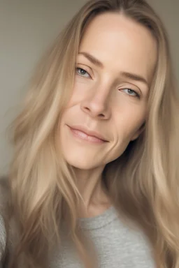 A selfie of a woman, middle long blond hair, showing a 39-year-old European woman. She has brown hair, face without makeup, cute nose, detailed full lips, skin texture. Natural lighting and low contrast