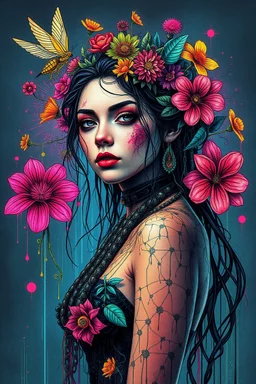 Dynamic ink art by alberto seveso of a full woman body, wide shot, cyberpunk plants and flowers, neon, vines, flying insect, front view, dripping colorful paint, tribalism, gothic, shamanism, cosmic fractals, dystopian, dendritic, artstation: award-winning: professional portrait: atmospheric: commanding: fantastical: clarity: 16k: ultra quality: striking: brilliance: stunning colors: amazing depth, cute colorful lighting (high definition)++, photography, cinematic, detailed character portrait, +