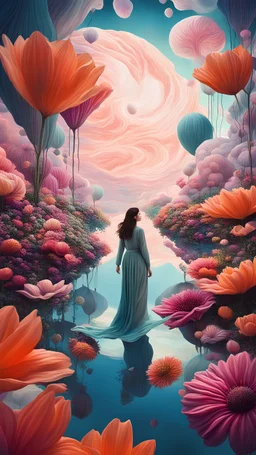a surreal dreamscape where a woman is floating amidst oversized, luminous flowers and surreal landscapes. The scene could evoke a dreamlike atmosphere with distorted perspectives and vibrant, otherworldly colors