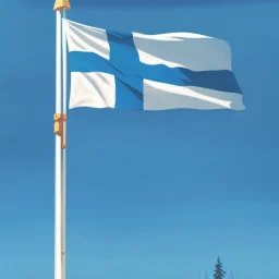 forest, Winter, snow, very cold, Finnish flagpole, Finnish flag, Simon Stålenhag style