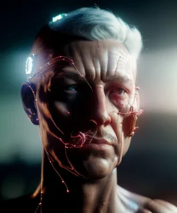 Ultra realistic photographic night portrait, cinematic, naked, shaved <strong man> <hanging wires> many wires coming out of the head <perfect pupil> <cyborg> <garage> <long shot view> <sci-fi futuristic> <thriller>, fog, soft color, highly detailed, unreal engine 5, ray tracing, RTX, lumen lighting, ultra detail, volumetric lighting, high definition.