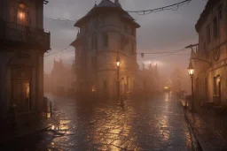 Small medieval fantasy town, rainy, street lights