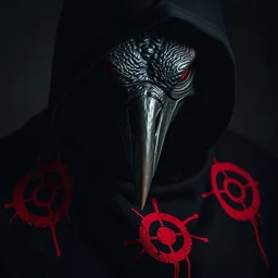 Close-up of a figure shrouded in a dark, hooded cloak, wearing a grotesque bird-like mask. The mask's features are deeply etched and contorted, with a single, prominent red eye. Crimson symbols, like stylized targets or occult sigils, are painted on the black cloak in a distressed, almost blood-like style. The figure's expression is disturbingly intense, and the overall atmosphere is dark, eerie, and ominous. High contrast lighting emphasizes the mask's details, casting deep shadows on the fa