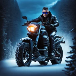 Handsome and muscular 40 year old Biker wearing a winter leather jacket and dark sunglasses riding a snowmobile, dark fantasy