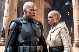 a bold and heroic bald Corellian pilot in black and grey First Order special forces gear meets a female Jedi Master in ancient, mystical temple, hyperdetailed, dynamic lighting, hyperdetailed background, 8k resolution, volumetric lighting, light skin, fully symmetric details