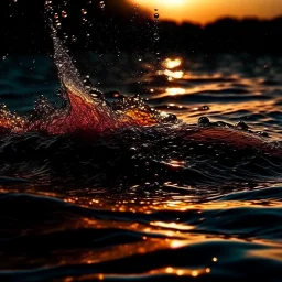 darkness ,backlight sunset, water splash, bright colors, glowing sparkle particles, dark tone, sharp focus, high contrast, 8k, incredible depth, depth of field, dramatic lighting, beautifully intricate details, clean environment