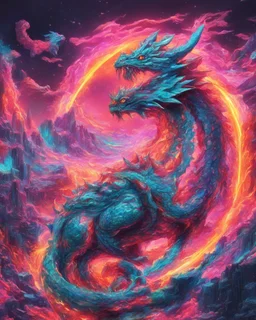 Close up shot, Dragon in a vibrant synthwave dreamscape, neon chaos swirling energetically around pixelated forms, a dynamic fusion of retro gaming nostalgia and futuristic abstraction