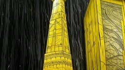 A light yellow spire with lightning designed in ancient Egyptian hieroglyphics painted by Vincent van Gogh