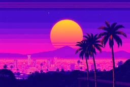 8 bit pixelart of synthwave sun, synthwave color only, palmtrees synthwave, synthwave collored, vaporwave, grid, city skyline,