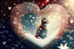 Double exposure, merged layers, Christmas fantasy, cat Christmas ornaments, gifts, double exposure, snowfall, heart, snowflakes, icy snowflakes, burlap, gems and sparkling glitter, sunshine