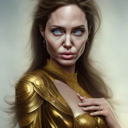 centered, Realist, hyper detailed, head and shoulders portrait, young angelina jolie, golden dress athena god