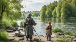 A fisherman fishing on the river bank with a rod next to his young daughter in the Middle Ages