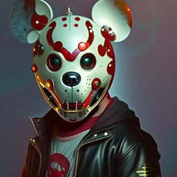 zombie mickey mouse hybrid, photorealism, movie screen capture, horror, sci-fi, retrofuturism, matching mickey mouse ears on mask