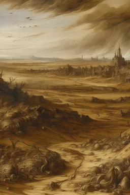 A brownish bronze arid wasteland covered in dirt painted by Albrecht Durer