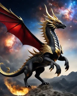 Full body photography of Dragon King army, riding a flying dragon in the sky, using luxurious battle armor design, made of black and gold metal plates, metal crafts with radiant diamond luster, on the outer surface luxury decoration of very small diamond stones, red diamond stones, Milky Way galaxy background