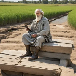 Archimedes, the renowned mathematician and inventor, sits on a weathered hydrodynamic water screw in wood, he is in front of a vast field marred by failing irrigation ditches. In his hands, he holds a smartphone, a device of unparalleled computational power that has bridged the gap between antiquity and the present day.