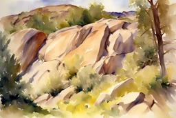 Sunny day, spring, rocks, mountains, epic, john singer sargent watercolor paintings