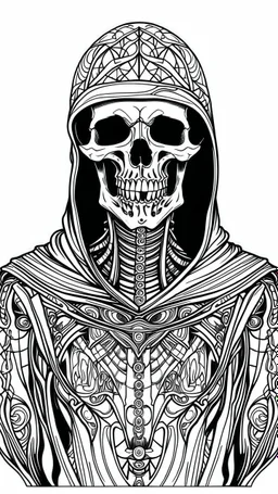 skeleton with hood tattoo, coloring book page, clean line art, adults drawing book, Black and white only, crisp black lines, sharp lines, coloring page for adults, black and white picture, lots of details, full body