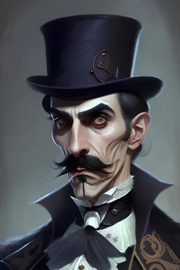 Strahd von Zarovich with a handlebar mustache wearing a top hat looking puzzled