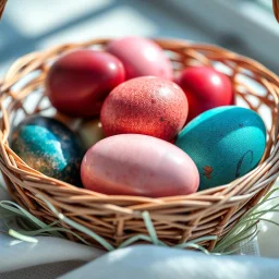 digital photograph of off-center modern basket colorful Easter eggs. eggs display intricate textures in azure, emerald, blush,red, crimson, sapphire,metallic cinematic HDR backlighting highlights subtle dimples and glossy reflections, with shallow depth of field softening the sunlit background. hyperrealistic 8k resolution,