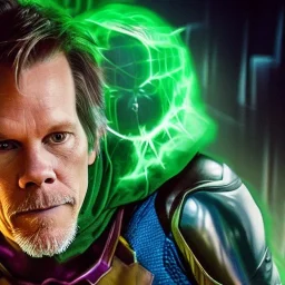 Kevin Bacon as Mysterio, Marvel, Green mist, dead spider man, MCU Multiverse, Zombie Avengers, Purple Background, Green clouds, Wearing helmet, Mist in helmet, Evil Dead Cabin, Necronomicon Book,