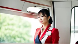 A very pretty Asian model in an air hostess uniform looking out of the window