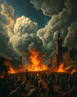 Bosch painting style, nightmare , people suffering in hell , dramatic, great quality picture with cinematic scenes , show only heavy clouds and buildings on fire in the background