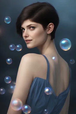 3D Bubbles, 3D Hearts, fog, clouds, somber, ghostly mountain peaks, a flowing river of electric water, fireflies, a close-up, facial portrait of a totally gorgeous Alexandra Daddario with short, buzz-cut, pixie-cut Black hair tapered on the sides, wide open, cobalt blue eyes, smiling a big bright happy smile, wearing a hoodie over a red bikini, in the art style of Boris Vallejo