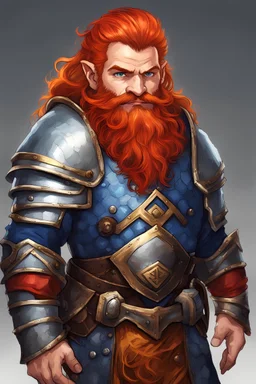 male dwarf silver/gold/blue armor, Red/orange hair long beard, green eyes
