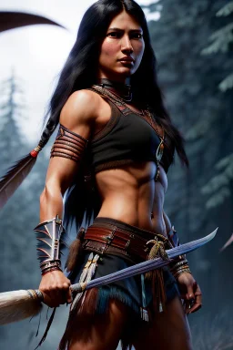 Native American female warrior,athletic build, ominous, dnd character portrait, waist up portrait, intricate, oil on canvas, masterpiece, expert, insanely detailed, 4k resolution, retroanime style, cute big circular reflective eyes, cinematic smooth, intricate detail , soft smooth lighting, vibrant colors, hokusai style arm sleeve tatoo