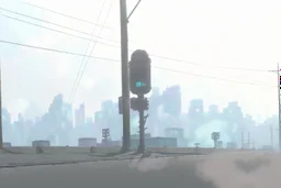 Smokey cyberpunk cityscape, dystopian