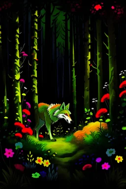 Wolf lurking through a forest. Night, flowers, dynamic light, mushrooms, distant trees, by Qistina Khalidah