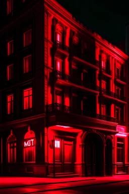 Dimly lit moist hotel with red neon lights