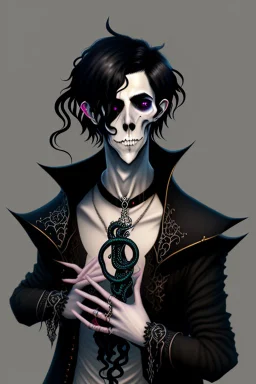 black haired young man necromancer wizard with gothic jewelry and tentacle fingers in the style of H. R. Geiger