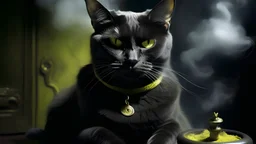 color photo of a cat smoking a cigarette and holding a coin. , A sleek black feline, with piercing yellow eyes and a mischievous smirk. , The dimly lit room is enveloped in a cloud of swirling smoke, adding an air of mystery. , The cat's expression oozes rebellion and nonchalance. , Captured with a vintage black and white film camera, using a high contrast film to intensify the dramatic effect. , David Lynch, Christopher Nolan, Tim Burton. —c 10 —ar 2:3