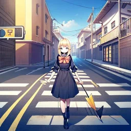 anime girl walking down a yellow brick road, holding a bow with arrow , road signs, arrows, direction into the street