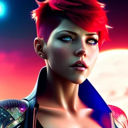 Katheryn Winnick, Cyborg anime warrior, cyberpunk, light red short hair, pixie hairstyle, cobalt eyes, waist up portrait, 8k resolution, retroanime, intricate details, neon details, soft lighting, vibrant colors, masterpiece, intricate eyeliner, dark eyeshadow, eyes, intricate tattoos, gradient background