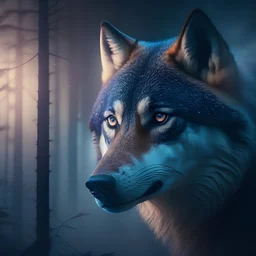wolf face, mist,moonlight, forest, masterpiece, expert, 8K, hyper-realism, sharp focus, cinematic lighting,close-up