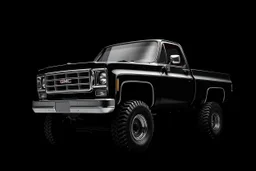 front corner 1973 GMC square body truck(lifted) facing to viewer's left, dark gray background, high contrast black and white vector